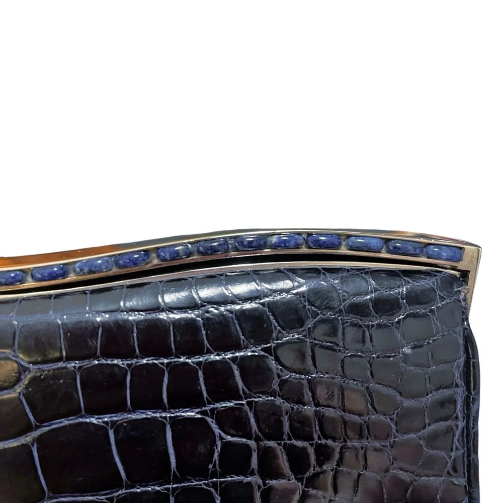 Judith Leiber Midnight Blue Alligator Clutch W/Silver Tone‎ & Lapis Stone Frame